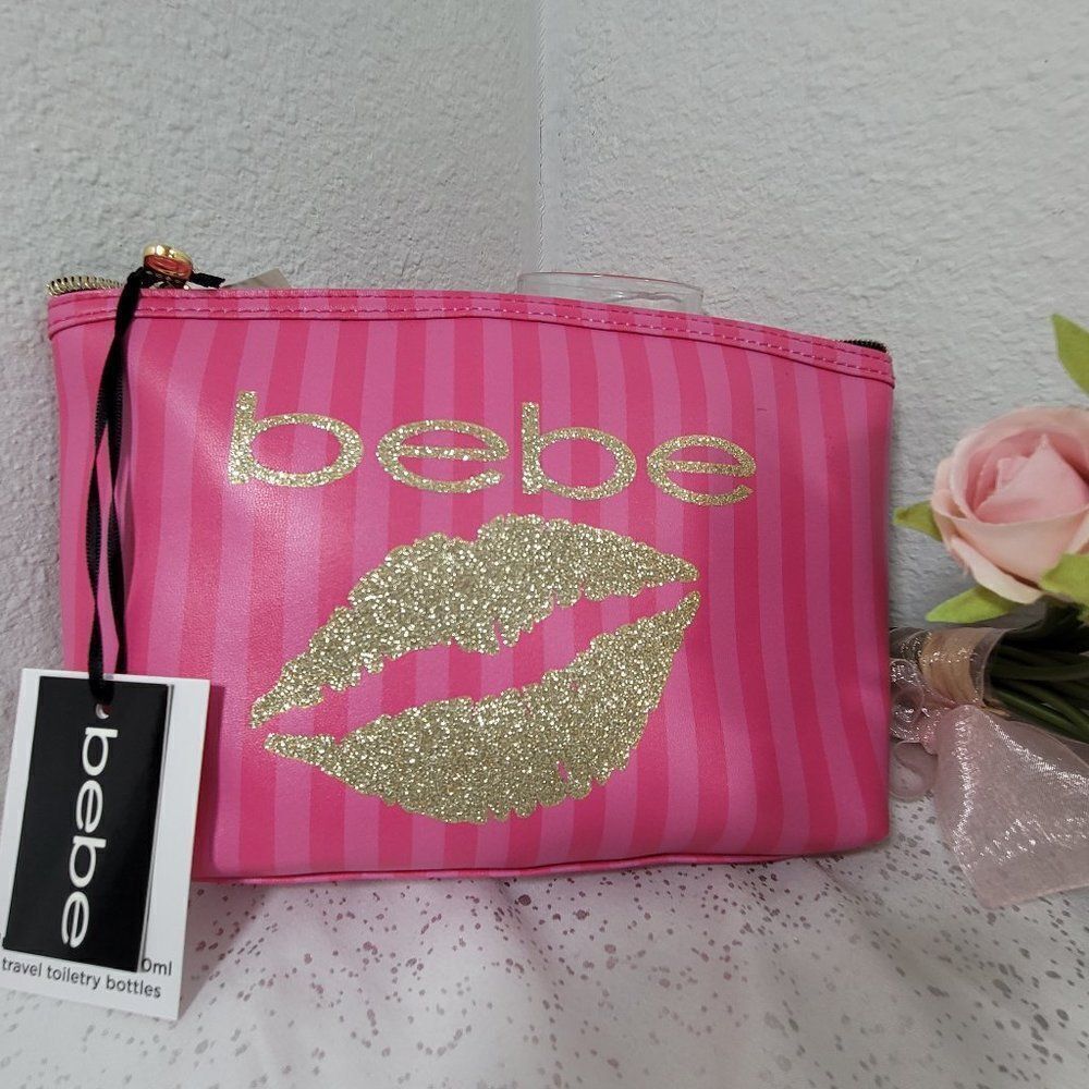 BEBE Cosmetic Travel Make Up Bags Pink Stripe Gold Glitter Logo Lips